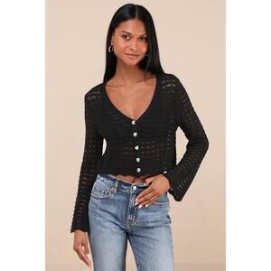 Lulus Stellar Sweetie Black Pointelle Knit Cropped Cardigan - Size L